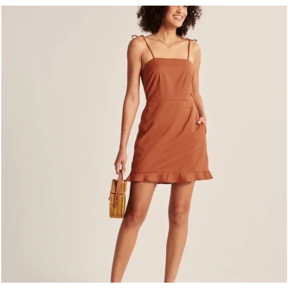 New Abercrombie & Fitch Linen Ruffled Dress Rust Orange Smocked Tie Strap Sz XL